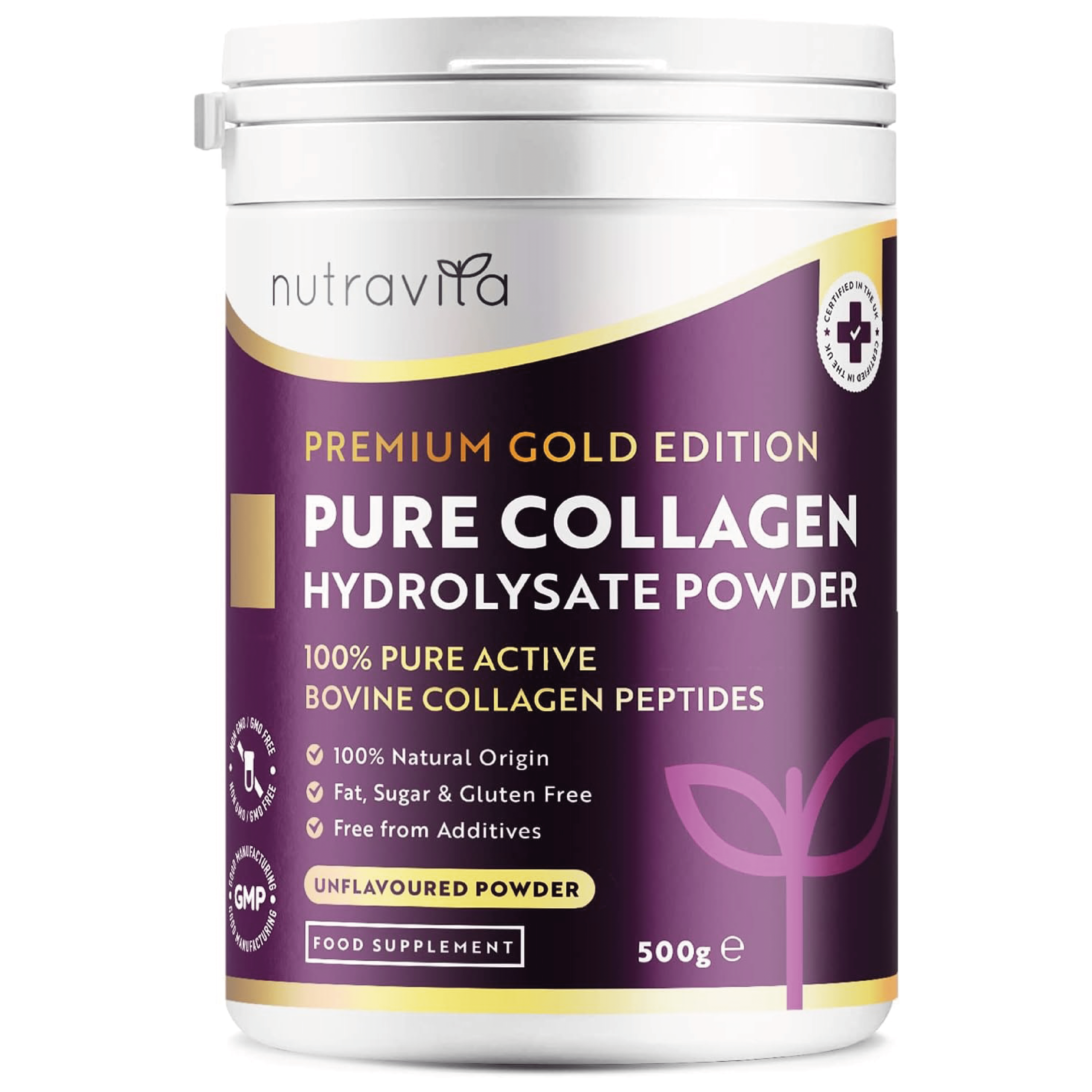 Revitalize your skin, hair, and joints with Nutravita's Collagen Powder. This 500g premium gold standard bovine collagen supplement offers 50 servings, providing a rich source of collagen peptides with 8 essential amino acids. Meticulously crafted in the UK, this high-quality formula supports your overall well-being. Transform your daily routine with a boost of collagen, the building block for healthy skin, hair, and joints. Choose Nutravita for your wellness journey.