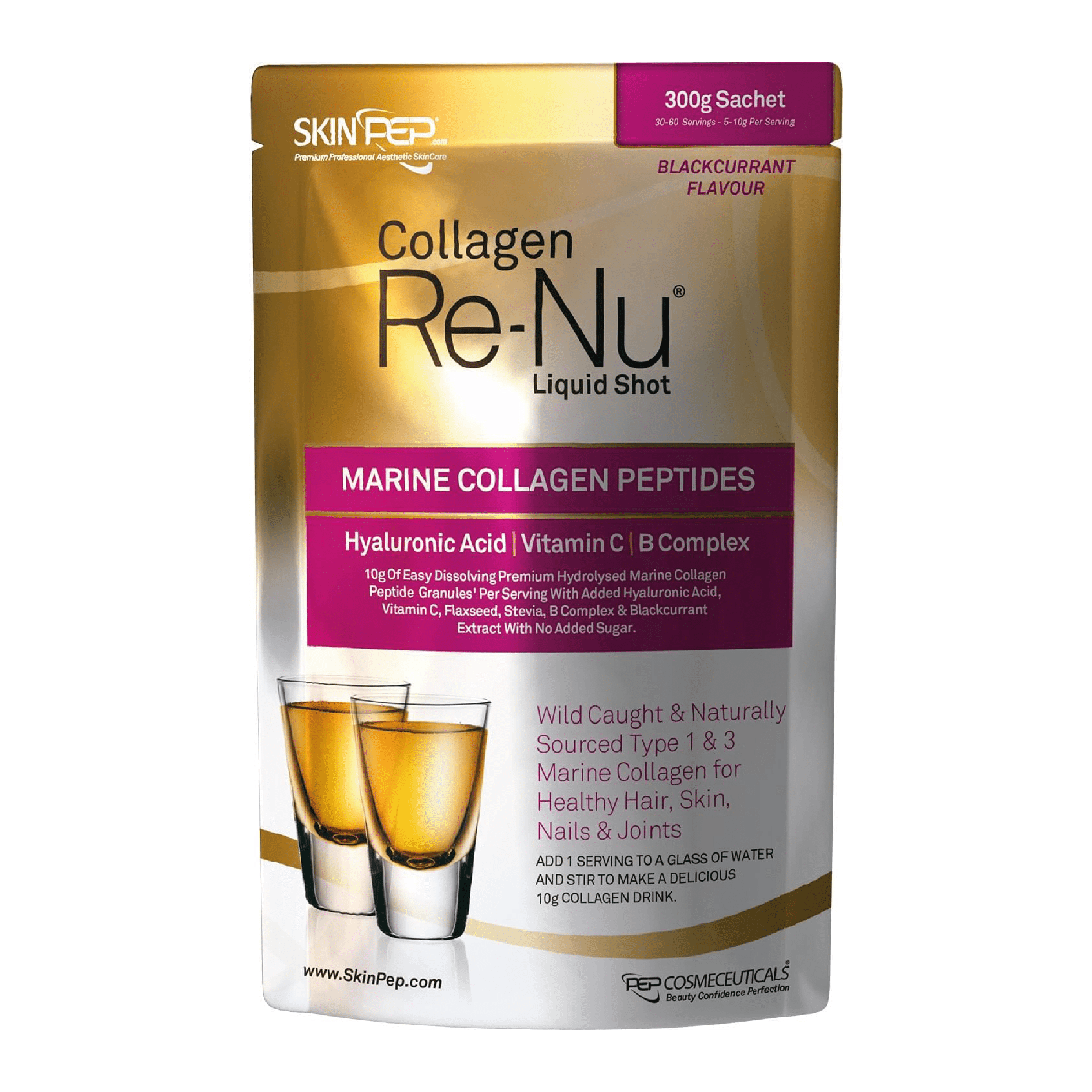SkinPep® Collagen Re-Nu: Premium 300g hydrolyzed marine collagen powder with Vit C, B Complex, Hyaluronic Acid, & Stevia. Delightful taste, no fishy smell. Ideal for 30 days of radiant skincare and overall well-being.
