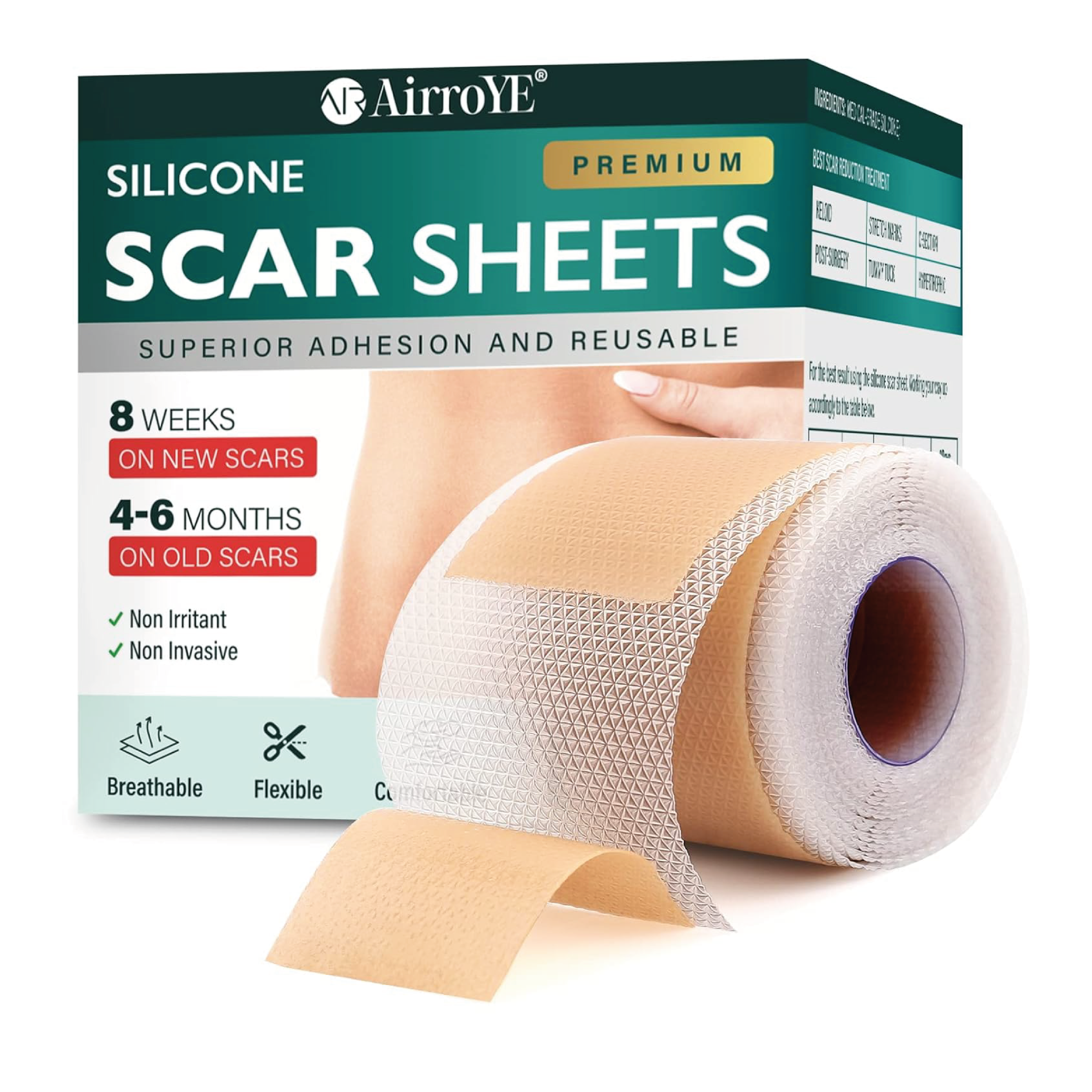 Efficiently reduce scars with our Silicone Scar Sheets. Reusable and effective, this 3M roll (1.6"x 120") is ideal for surgical scars, keloid healing, and post-procedure recovery like C-sections and tummy tucks.